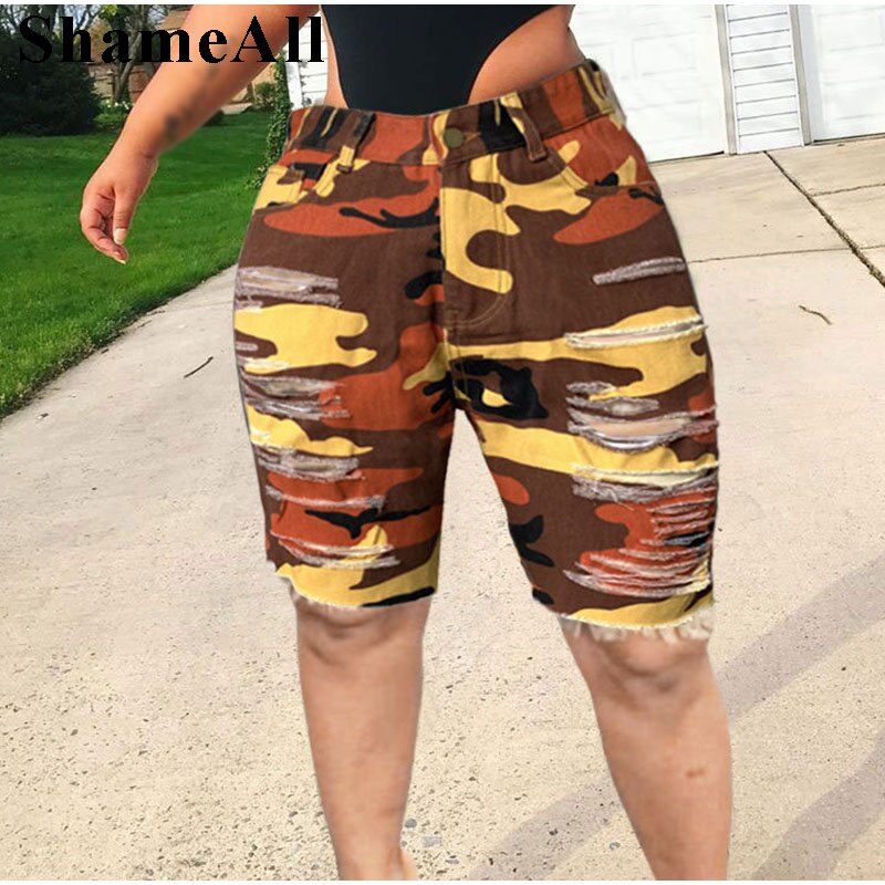 Plus Size Streetwear Ripped Skinny Camouflage Jeans Shorts 5XL Bodycon Workout Running Shorts Women Holographic Biker Bermudas