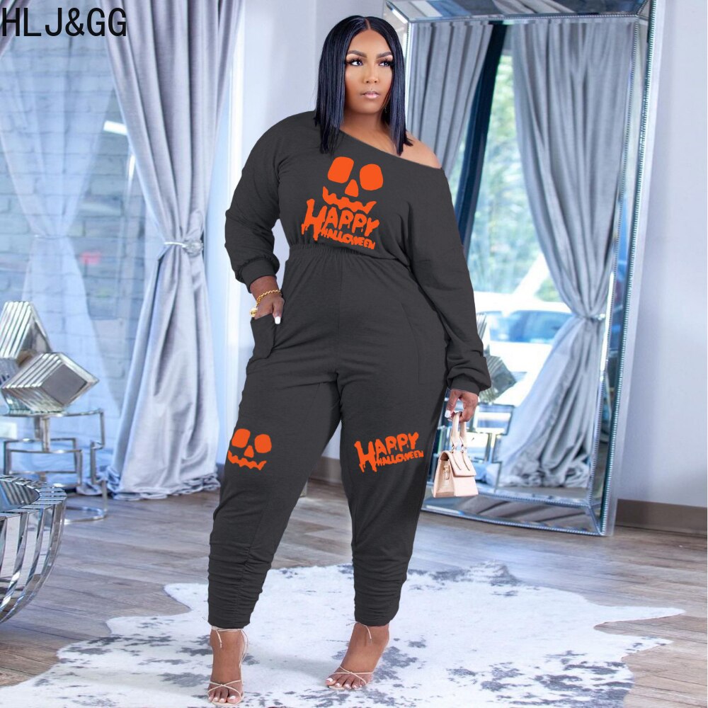 HLJ&GG Casual Women Letter Print Jumpsuits Fall Winter Off Shoulder with Pocket One Piece Playsuits Female Clothing Dropshipping