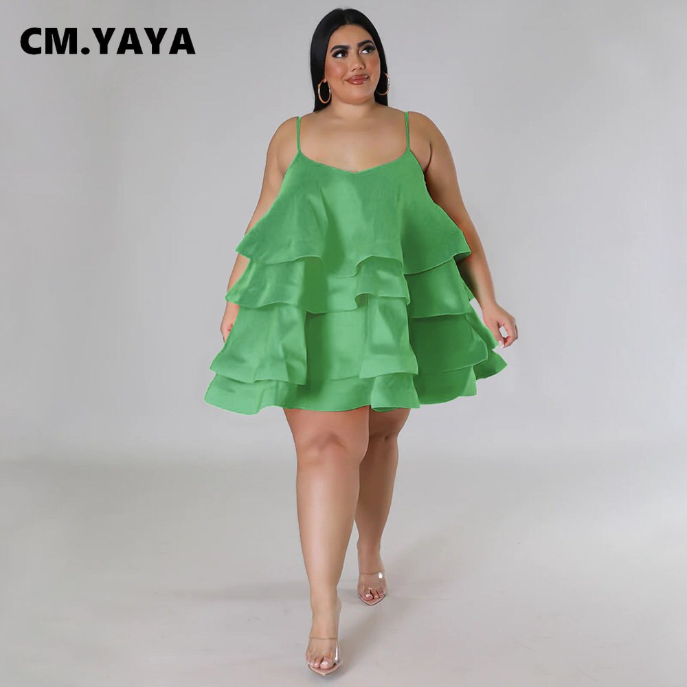 CM.YAYA Plus Size Vintage Women Cascanding Ruffles Big Swing Ball Gown Cake Babydoll Spaghetti Strap Sleeveless Dress Vestidos