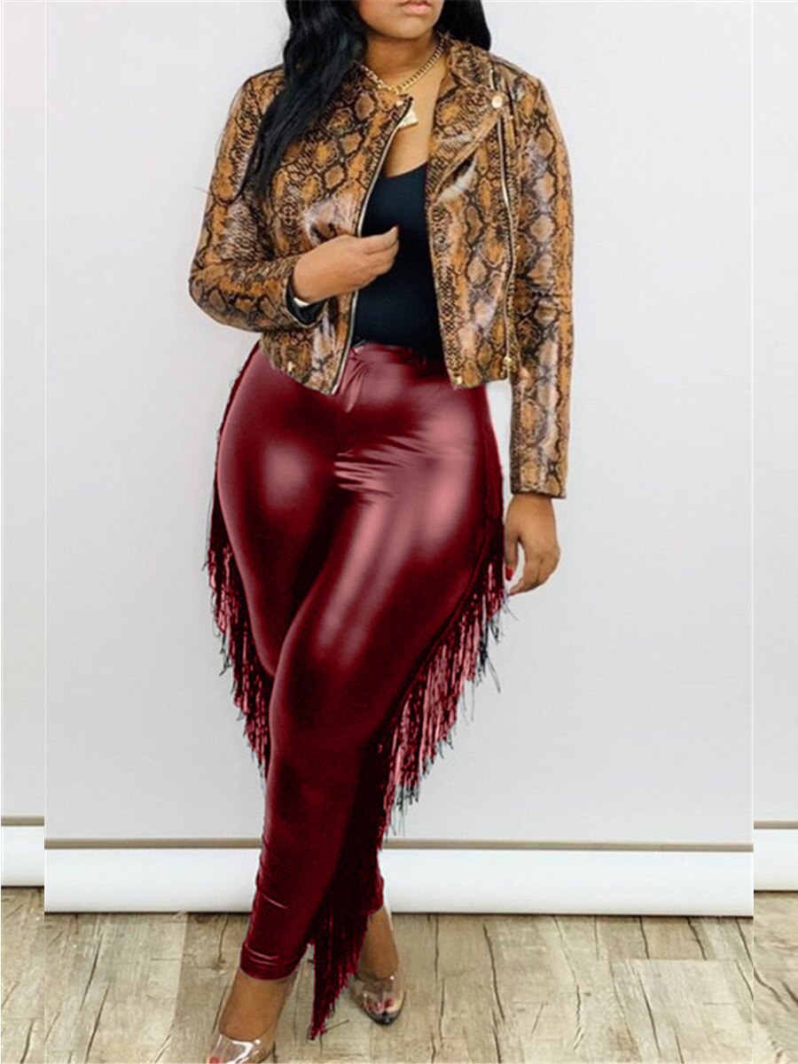 Plus Size Women Pants PU Leather Fringed Trousers 2022 Fall Female Elegant Pants Lady Casual Designer Tassel Trousers Wholesale