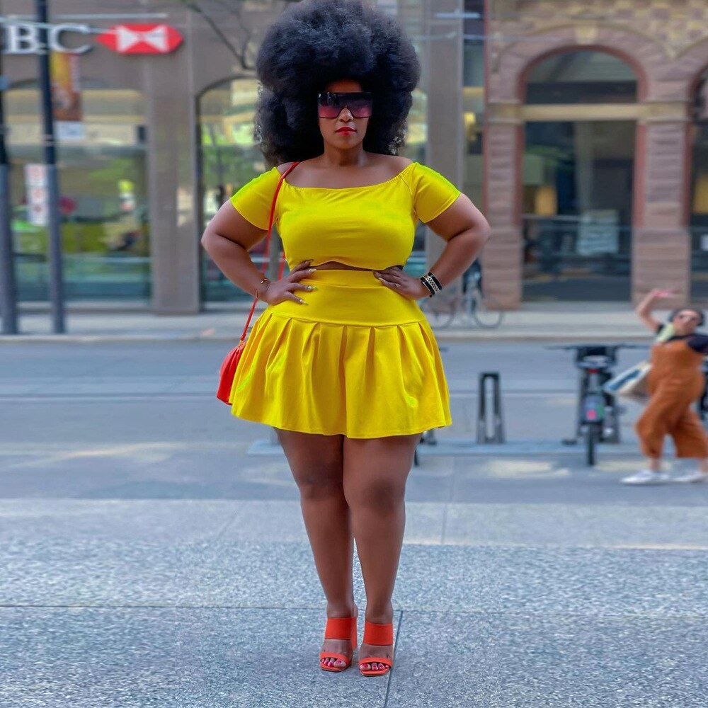Plus Size 5XL 2 Piece Club Outfits Off Shoulder Crop Top Skirt Sexy Party Wear Woman Clothing Matching Sets Summer Clothes