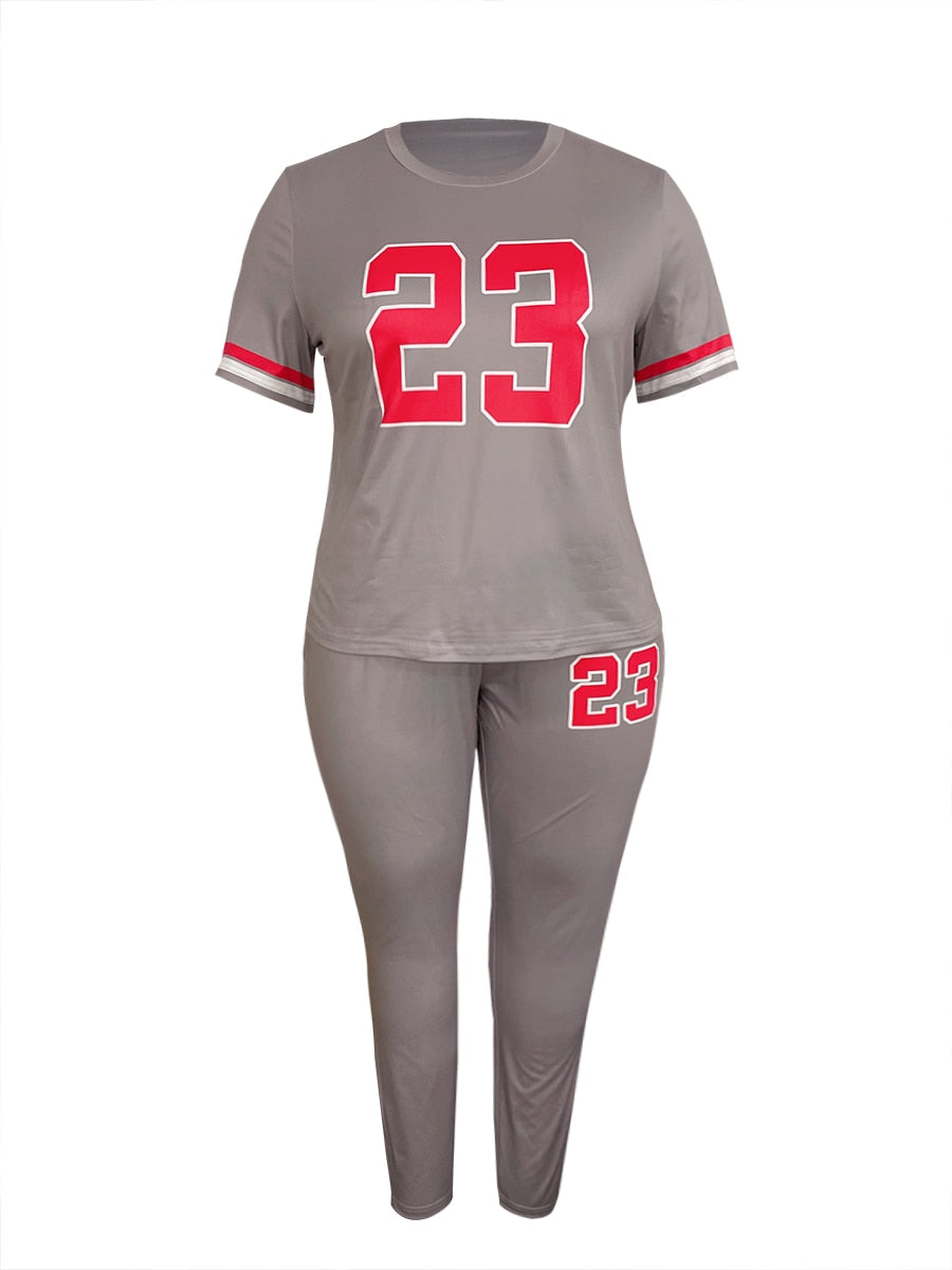 LW Plus Size Women Two Piece Tracksuits 23 Digital Print Skinny Pants Set short Sleeve Sweatshirt +Skinny Pants Set Women Track