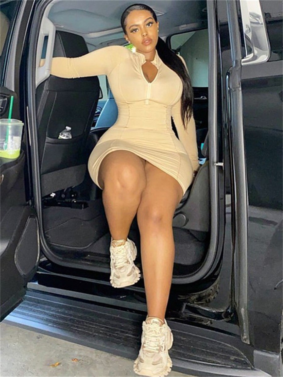 LW Plus Size Casual Zipper Design Mini Dress Mandarin Collar Long Sleeve V Neck Sheath Body-shaping Cleavage Female Vestidos