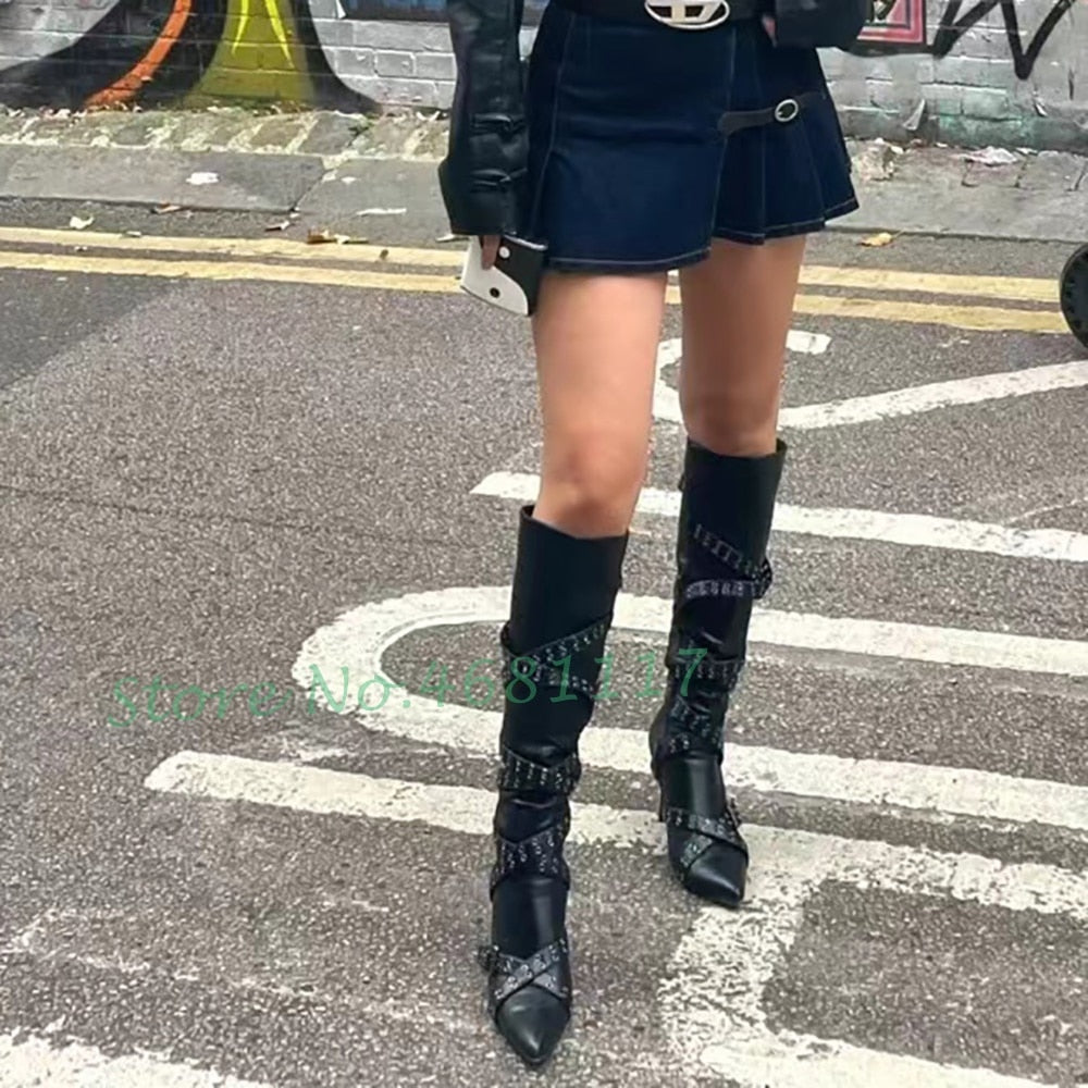 Cross Belt Buckle High Heels Boots Women Pointy Toe Sexy Rivets Knee High Boots Casual Outfit Street Style Cool Girl's Shoes