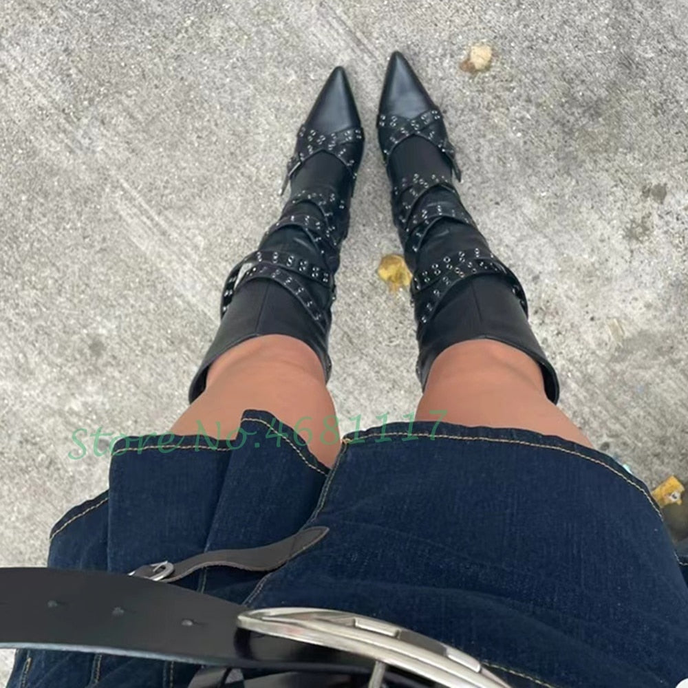 Cross Belt Buckle High Heels Boots Women Pointy Toe Sexy Rivets Knee High Boots Casual Outfit Street Style Cool Girl's Shoes