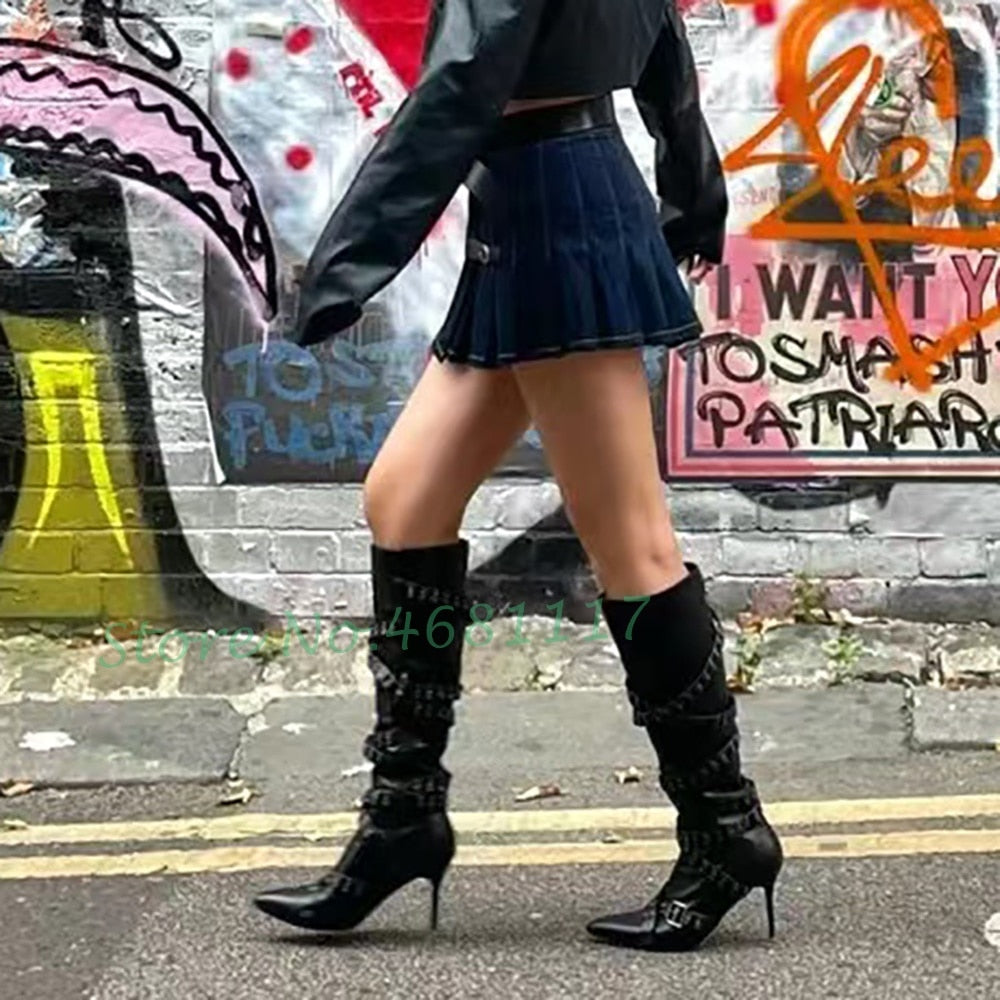 Cross Belt Buckle High Heels Boots Women Pointy Toe Sexy Rivets Knee High Boots Casual Outfit Street Style Cool Girl's Shoes