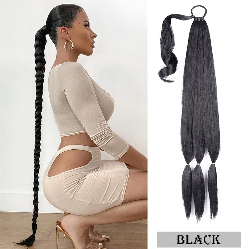 26"34Inch Braided Ponytail Extension Yaki Synthetic Long Ponytail With Hair Tie Diy Braided Ponytail High Temperature Fiber