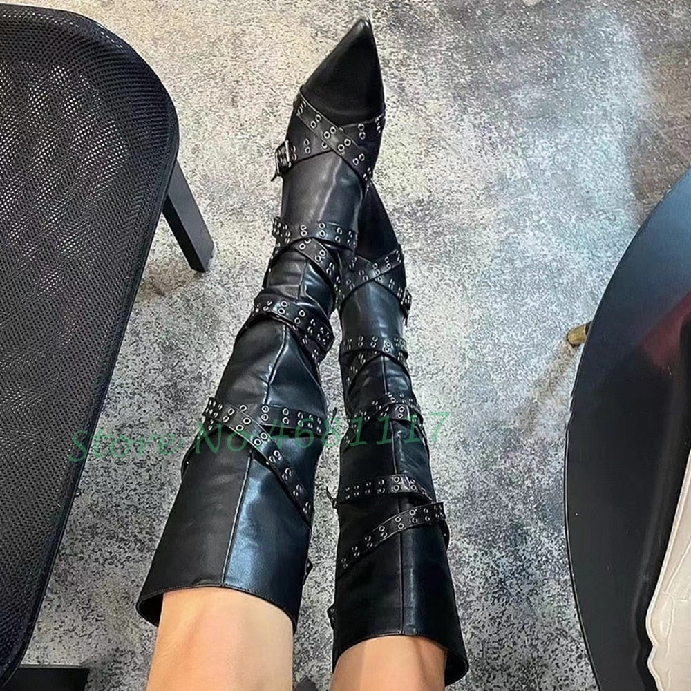 Cross Belt Buckle High Heels Boots Women Pointy Toe Sexy Rivets Knee High Boots Casual Outfit Street Style Cool Girl's Shoes