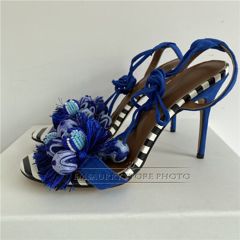 Wool Knitting Ball Tassels Sandals Women Ankle Wrap Striped Color Fringed Pompoms Stiletto Heel Suede Party Shoes Woman