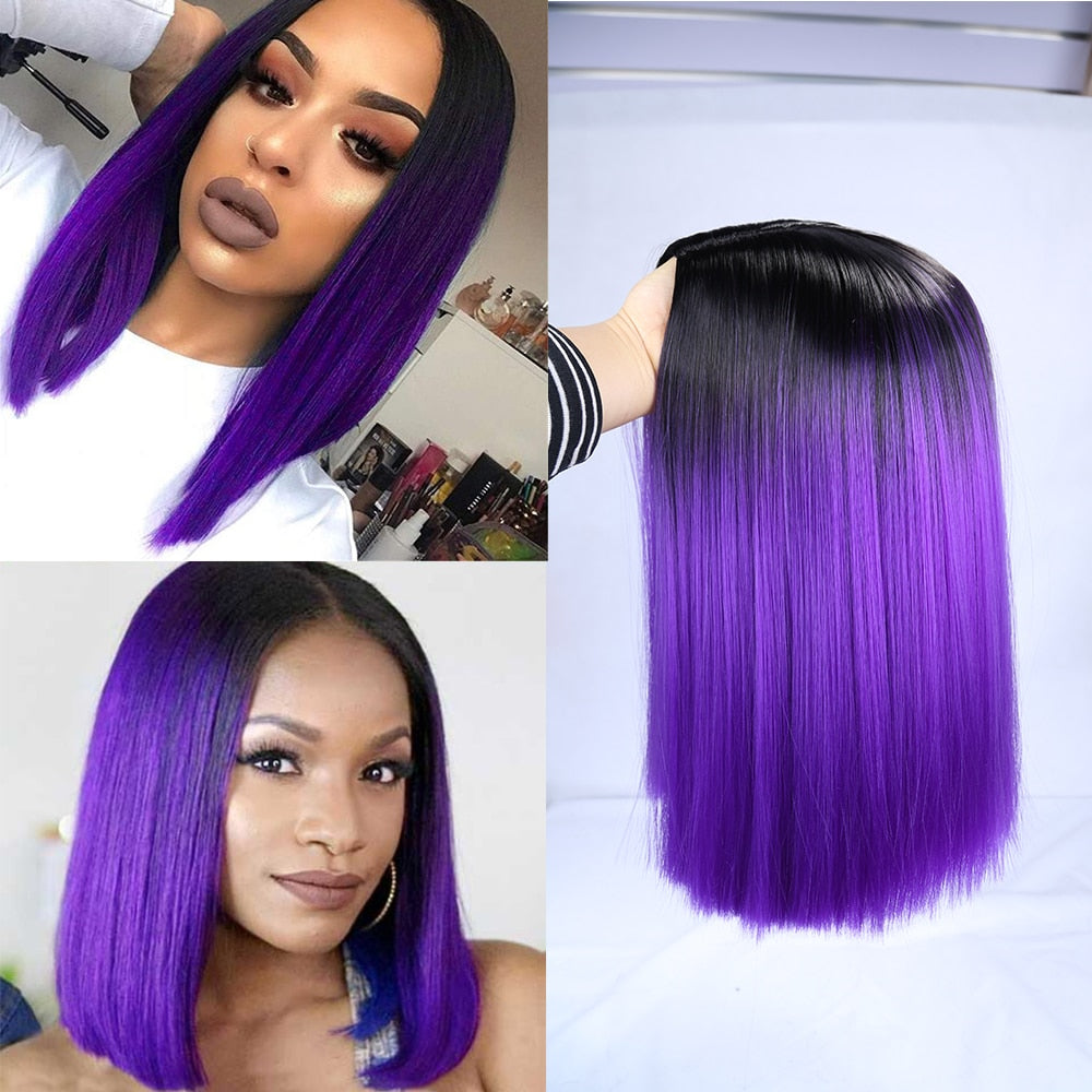 FAVE Ombre Black Purple/Blonde/Grey/Flax Brown/ Straight Synthetic Wig Shoulder Length Middle Part Cosplay For Women's Daily Wig