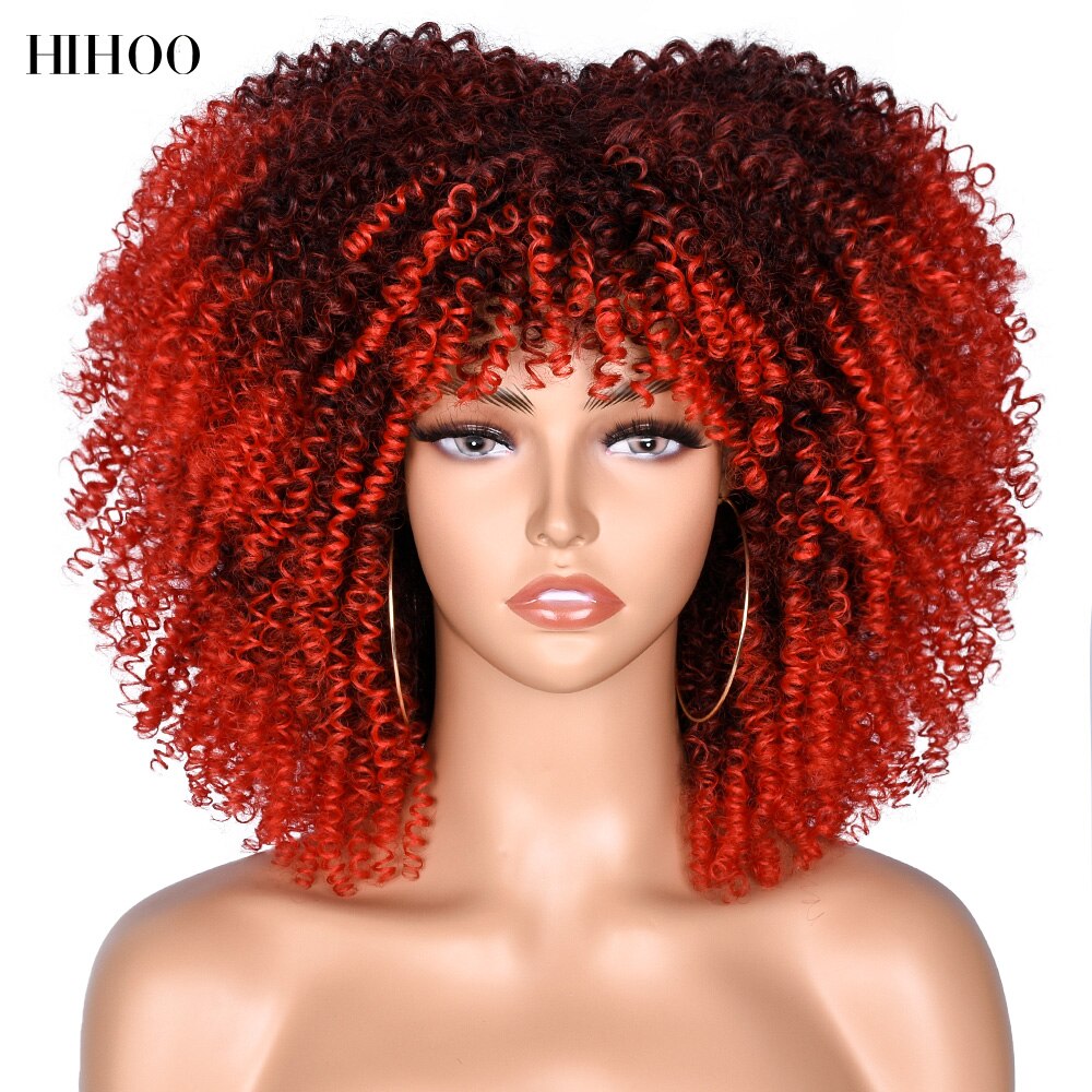 14'' Short Hair Afro Kinky Curly Wigs With Bangs For Black Women Synthetic Natural  Brown Mixed Blonde Wig Party Cosplay Daily
