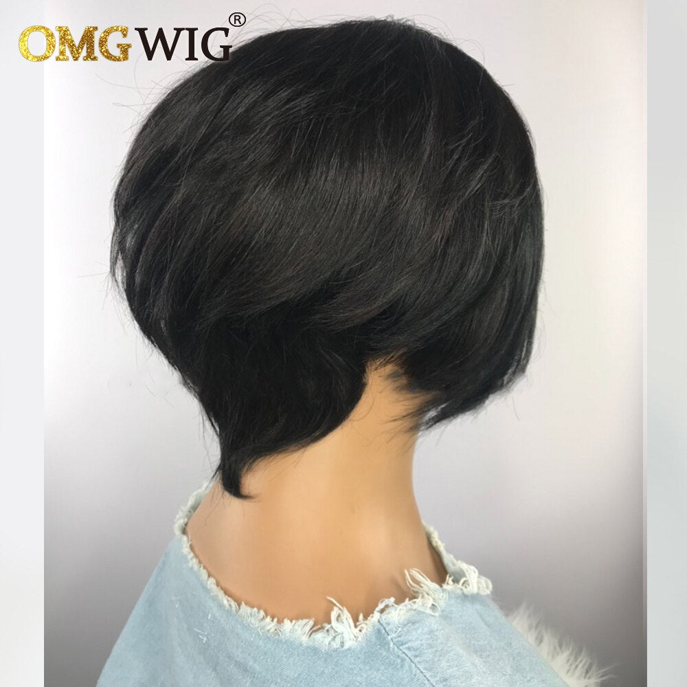 Straight Glueless Short Human Hair Wigs With Bangs Machine Made Brazilian Remy Hair Pixie Cut Wigs For Black Women Cheap Bob Wig