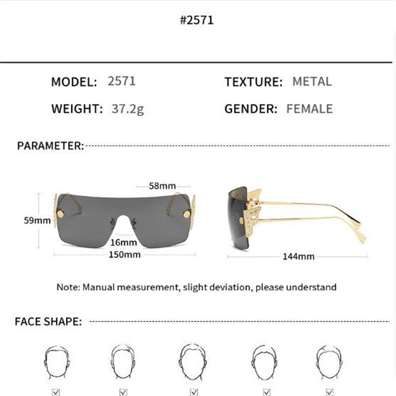 Women's big frame one-piece sunglasses Metal diamond casual sunglasses Fashion oversized glasses