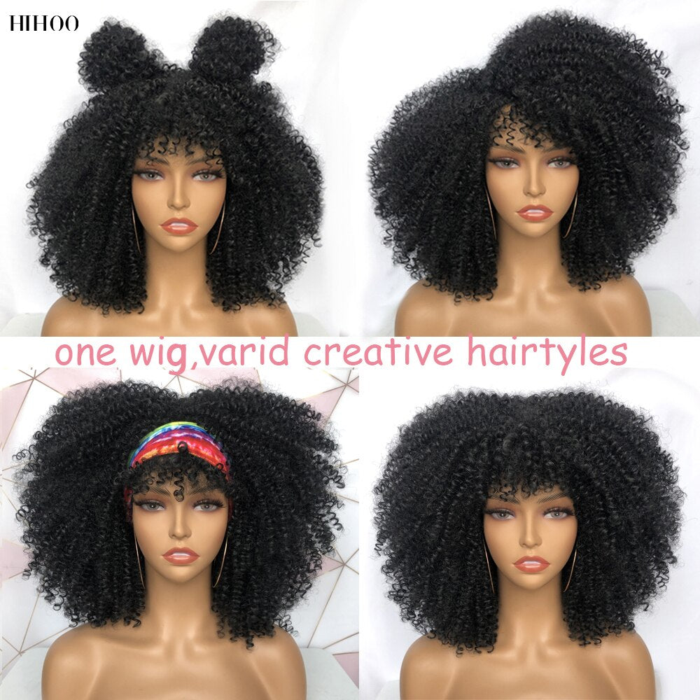 14'' Short Hair Afro Kinky Curly Wigs With Bangs For Black Women Synthetic Natural  Brown Mixed Blonde Wig Party Cosplay Daily