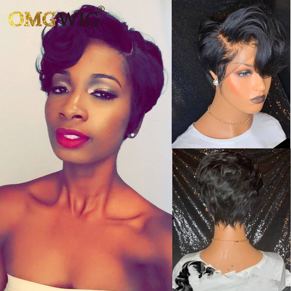 13x1 T Part Lace Wig Brazilian Remy Human Hair Wigs For Black Women Wavy Pre Plucked Hairline Side Part Short Bob Wig With Bangs