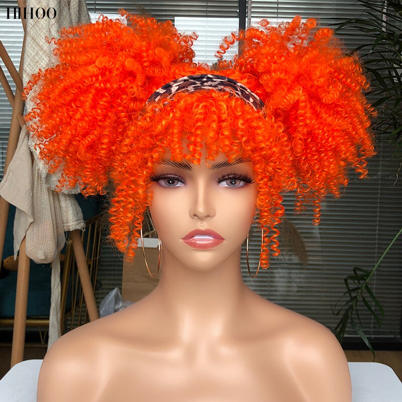 14'' Short Hair Afro Kinky Curly Wigs With Bangs For Black Women Synthetic Natural  Brown Mixed Blonde Wig Party Cosplay Daily