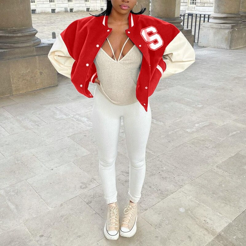 Women 2021 Patchwork Button Black Crop Top Jackets Coats Red Varsity Bomber Jacket Baseball Fashion Fall Jackets
