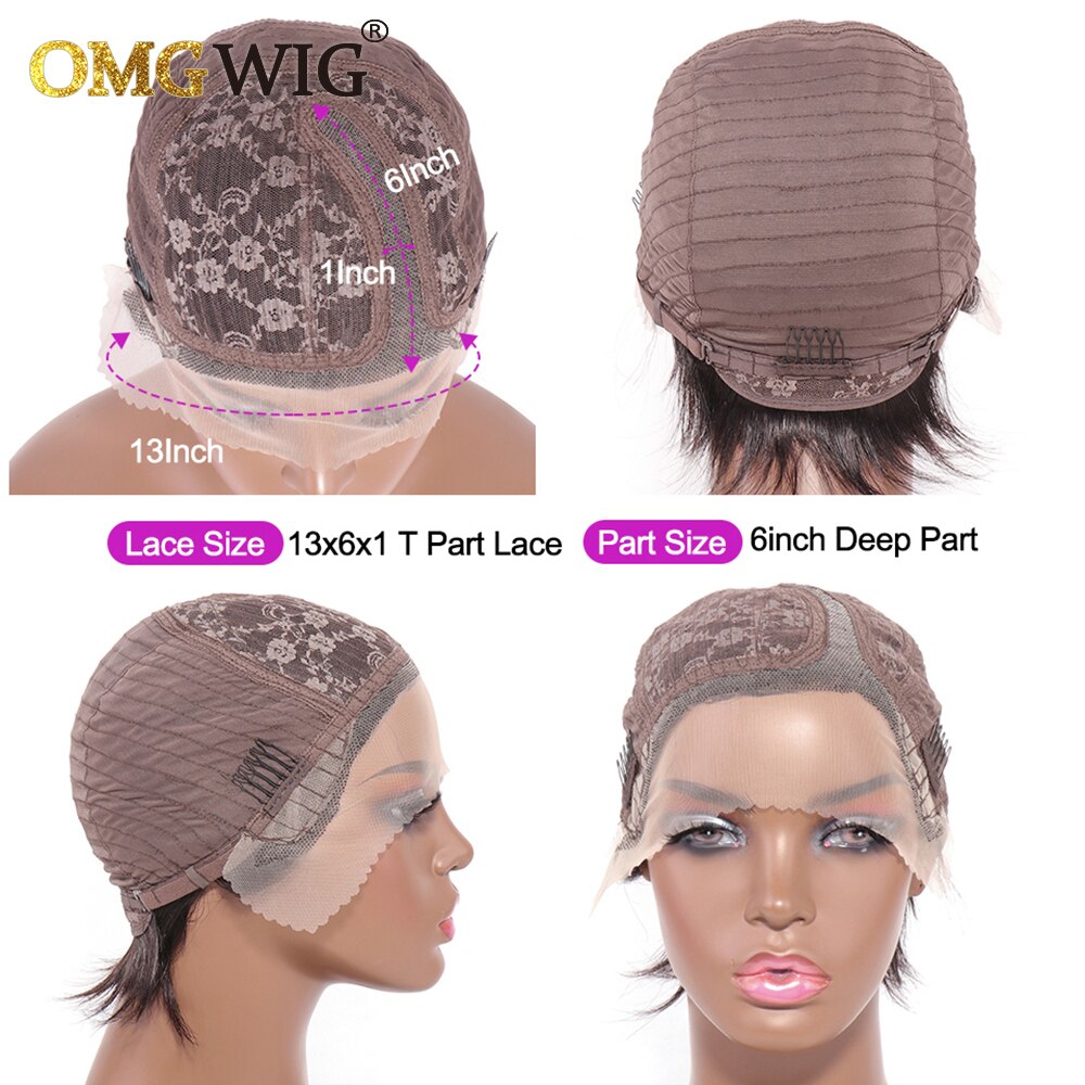 13x1 T Part Lace Wig Brazilian Remy Human Hair Wigs For Black Women Wavy Pre Plucked Hairline Side Part Short Bob Wig With Bangs