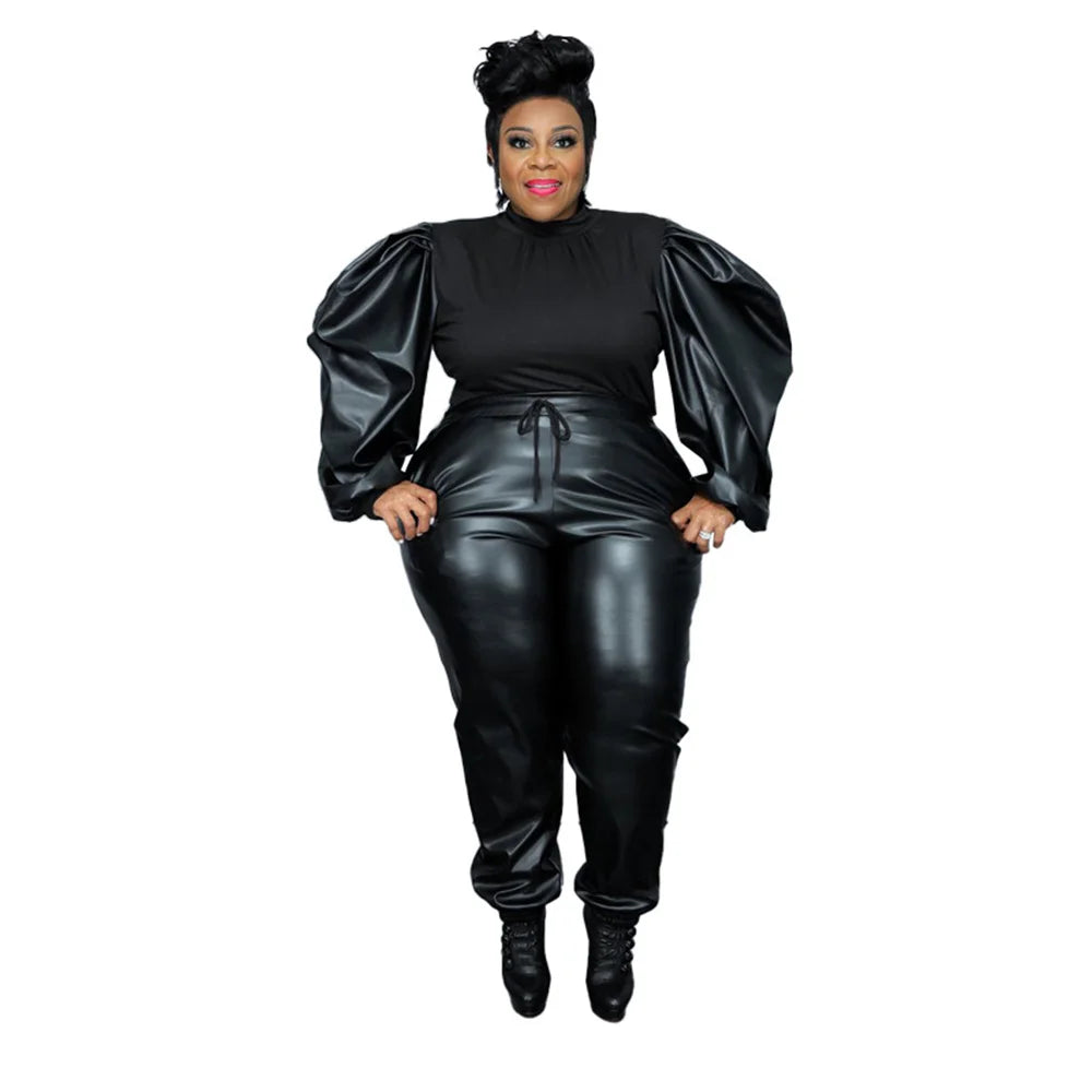 PU Women's Clothing Plus Size Sets Two Piece Outfits Puff Sleeve Patchwork Crop and Pants Streetwear 2022 Wholesale Dropshipping