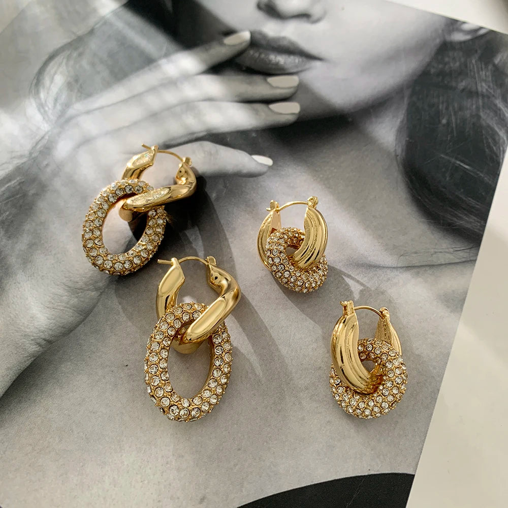 Fashion Geometric Rhinestone Round Pendant Earrings for Women Punk  Metal Twist Piercing Charm Earrings Jewelry Gifts