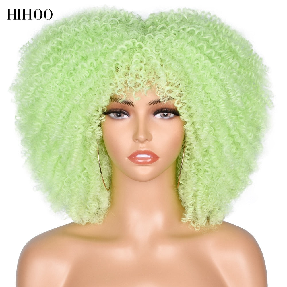 14'' Short Hair Afro Kinky Curly Wigs With Bangs For Black Women Synthetic Natural  Brown Mixed Blonde Wig Party Cosplay Daily