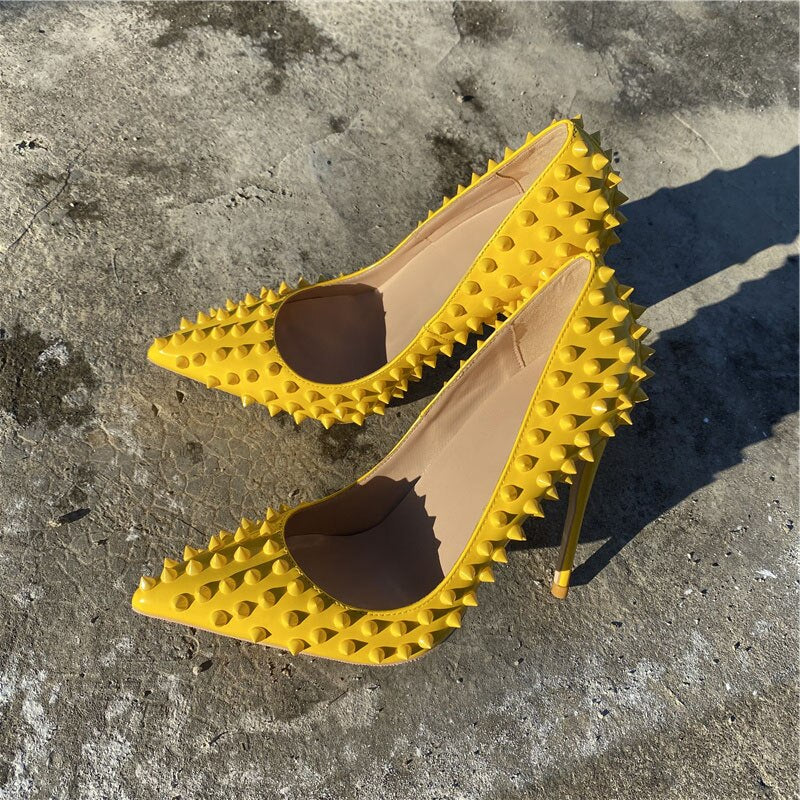 Heelgoo Yellow Women Sexy Spikes Pointy Toe High Heel Club Party Shoes Designer Classic Stiletto Pumps 8cm 10cm 12cm Customize