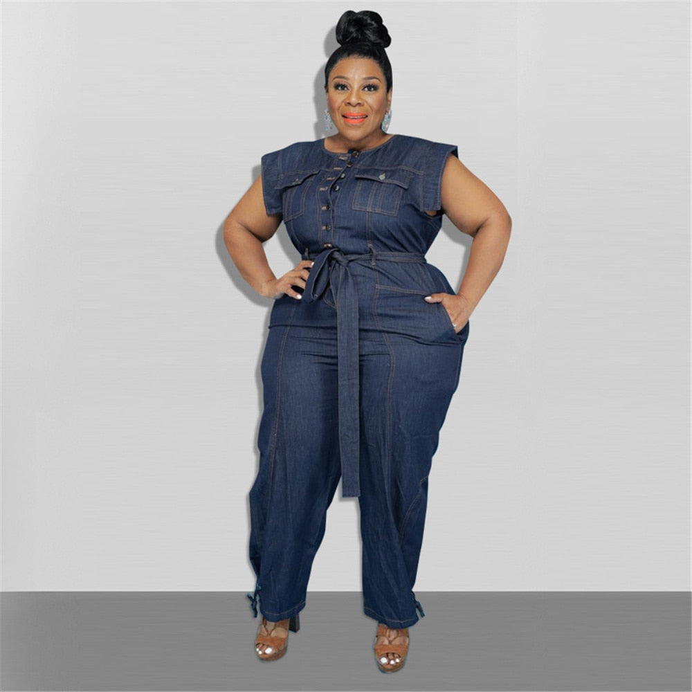 Jumpsuit Plus Size Women Clothing Denim Round Neck Lace Up Sleeveless Trousers Pocket Stretch Bodysuit Wholesale Dropshipping