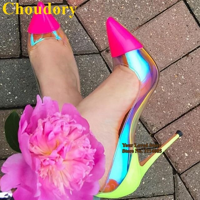 Choudory Pink Patent Leather Pointed Toe Pumps Hologram Iridescent Reflective PVC High Heel Shoes Mixed Color Celebrity Wedding