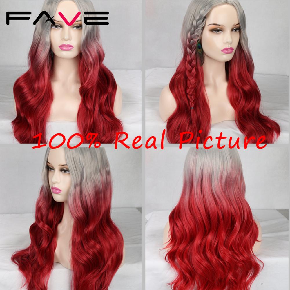 FAVE Long Wavy Wigs Ombre Gray To Watermelon Red Black Grey Purple Blue Brown Synthetic Hair For Black White Women Cosplay Party