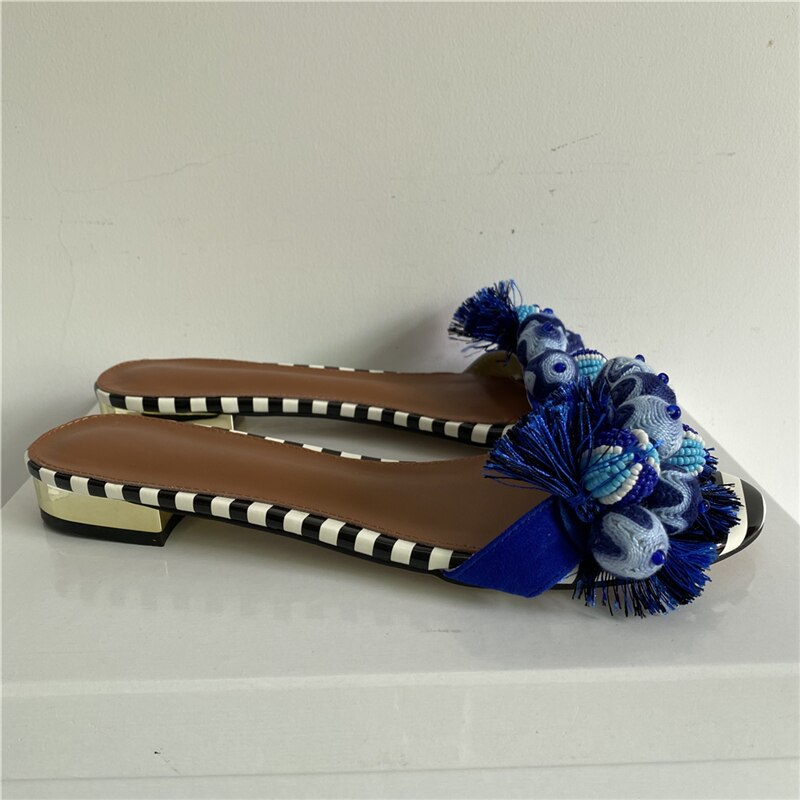 Wool Knitting Ball Tassels Sandals Women Ankle Wrap Striped Color Fringed Pompoms Stiletto Heel Suede Party Shoes Woman