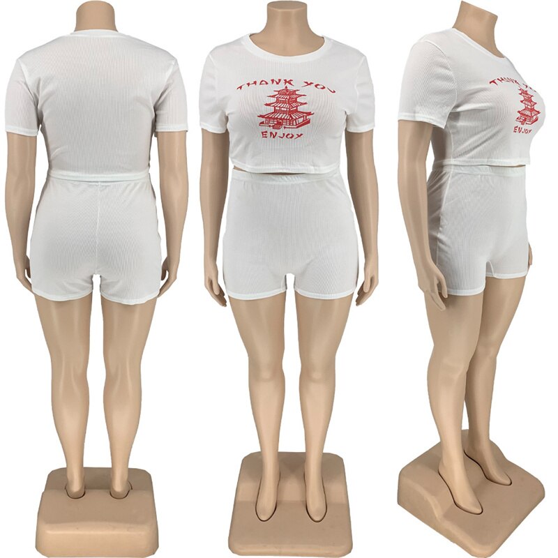 Summer Plus Size Women Clothing Two Piece Set Wholesale Skinny Outfits Homewear O-Neck T Shirt and Shorts Sets Dropshipping