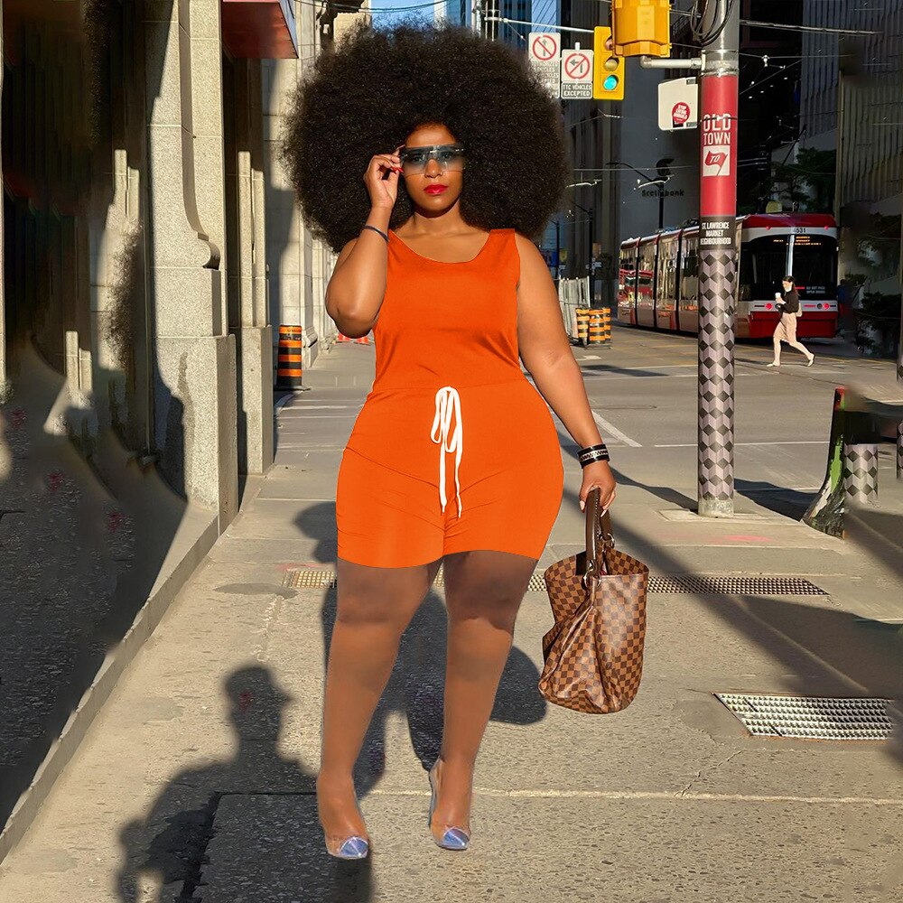 CM.YAYA Women Plus Size Playsuit Solid Sleeveless Drawstring Waist Stretchy Bodycon Playsuits Casual Rompers Summer Outfits 2021