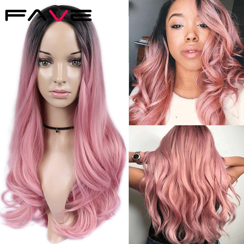 FAVE Long Wavy Wigs Ombre Gray To Watermelon Red Black Grey Purple Blue Brown Synthetic Hair For Black White Women Cosplay Party