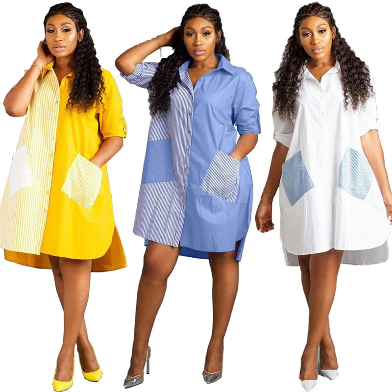 2019 Striped Long Sleeve Shirt Dress Women Turn-Down Collar Button Up Loose Blouse Dress Casual Streetwear Oversized Shirt Dress