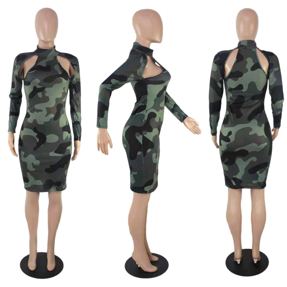 CM.YAYA Full Sleeve Hollow Out Camouflage Knee-length Dress for Women Sheath Elastic Turtleneck Sexy Club Bar Party Dresses Fall