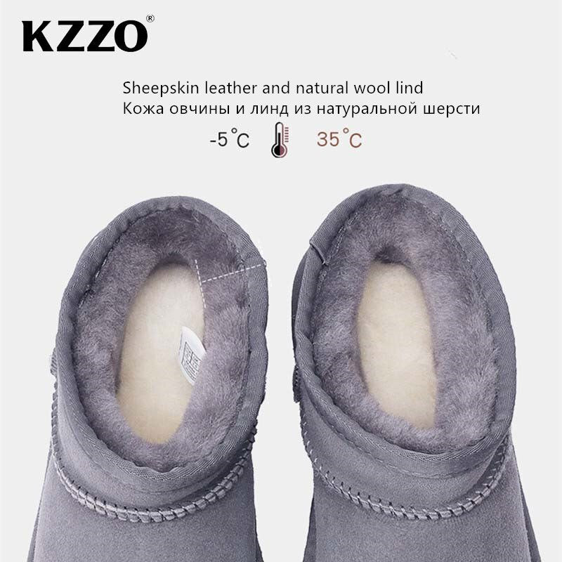 KZZO Mini Ankle Men Snow Boots Sheepskin Leather Natural Fur Wool Lined Winter Warm Non-slip Short Waterproof Australian Classic