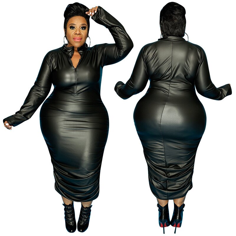 Plus Size Dresses for Women Zip Up Stretchy Long Sleeve Midi Dress Casual Black Punk Pu Leather Dress Wholesale Dropshipping