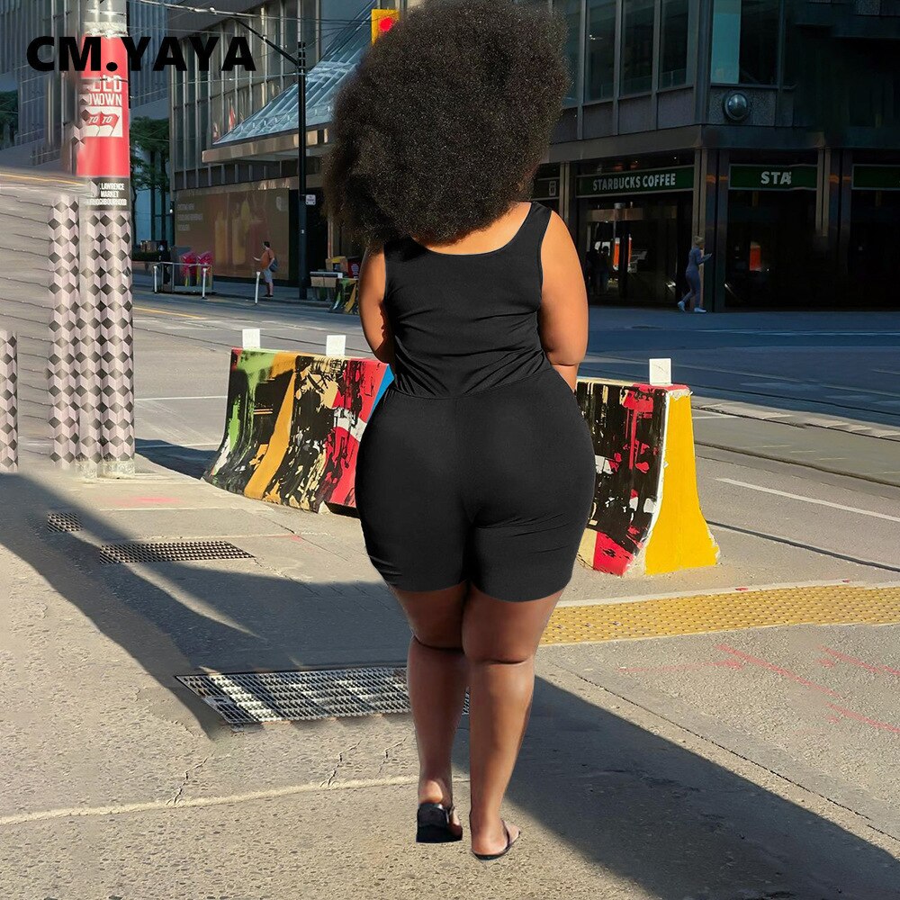 CM.YAYA Women Plus Size Playsuit Solid Sleeveless Drawstring Waist Stretchy Bodycon Playsuits Casual Rompers Summer Outfits 2021
