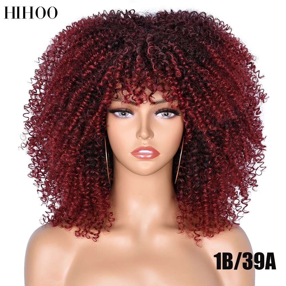 14'' Short Hair Afro Kinky Curly Wigs With Bangs For Black Women Synthetic Natural  Brown Mixed Blonde Wig Party Cosplay Daily