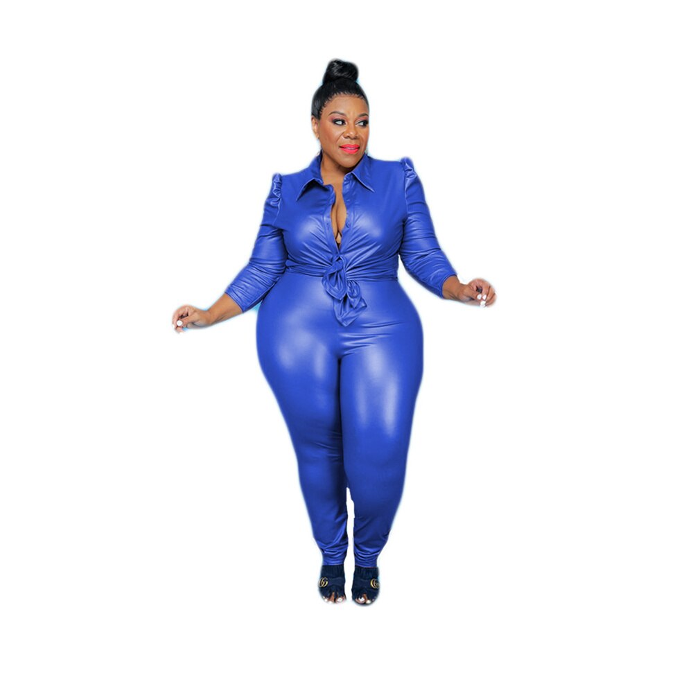 Plus Size Women Clothing PU Two Pieces Sets Office Lay Long Sleeve Top Trousers Solid Fashion New Outfits Wholesale Dropshipping