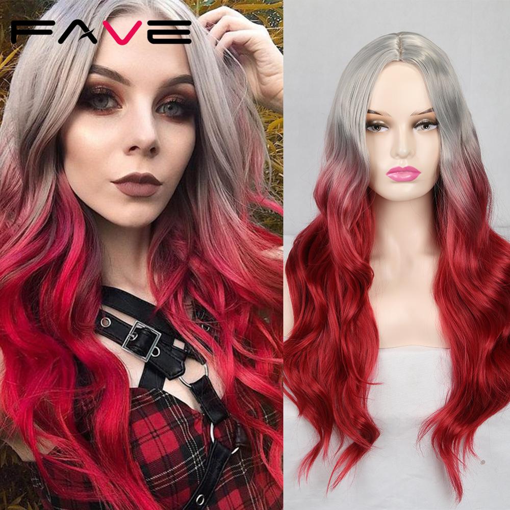 FAVE Long Wavy Wigs Ombre Gray To Watermelon Red Black Grey Purple Blue Brown Synthetic Hair For Black White Women Cosplay Party