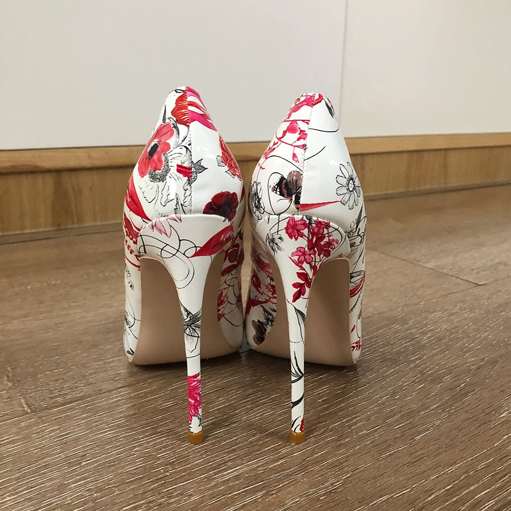 Veowalk Flowers Print Women Patent Leather Pointed Toe Stiletto Pumps 8cm 10cm 12cm High Heel Party Shoes US Size 10 11 12