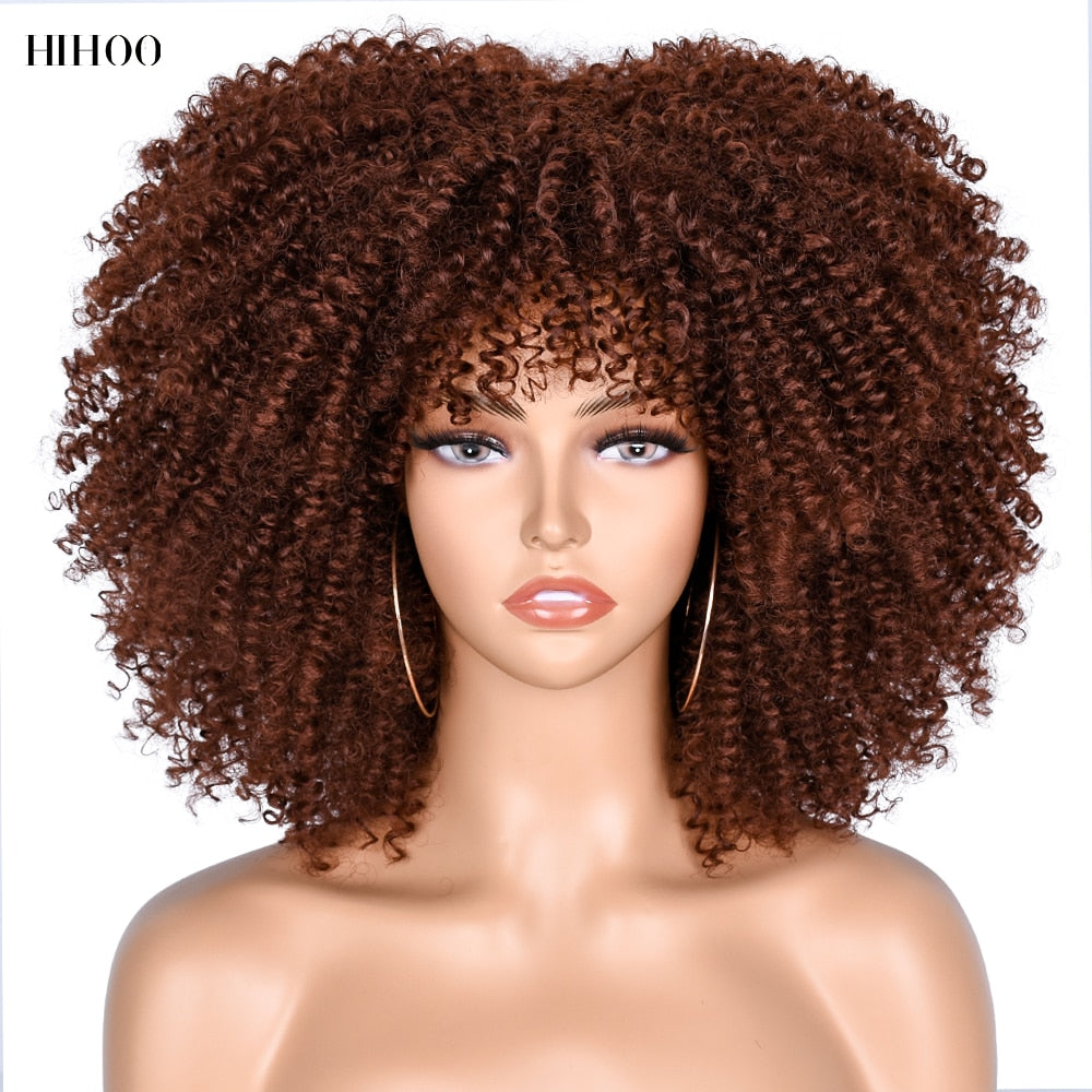 14'' Short Hair Afro Kinky Curly Wigs With Bangs For Black Women Synthetic Natural  Brown Mixed Blonde Wig Party Cosplay Daily
