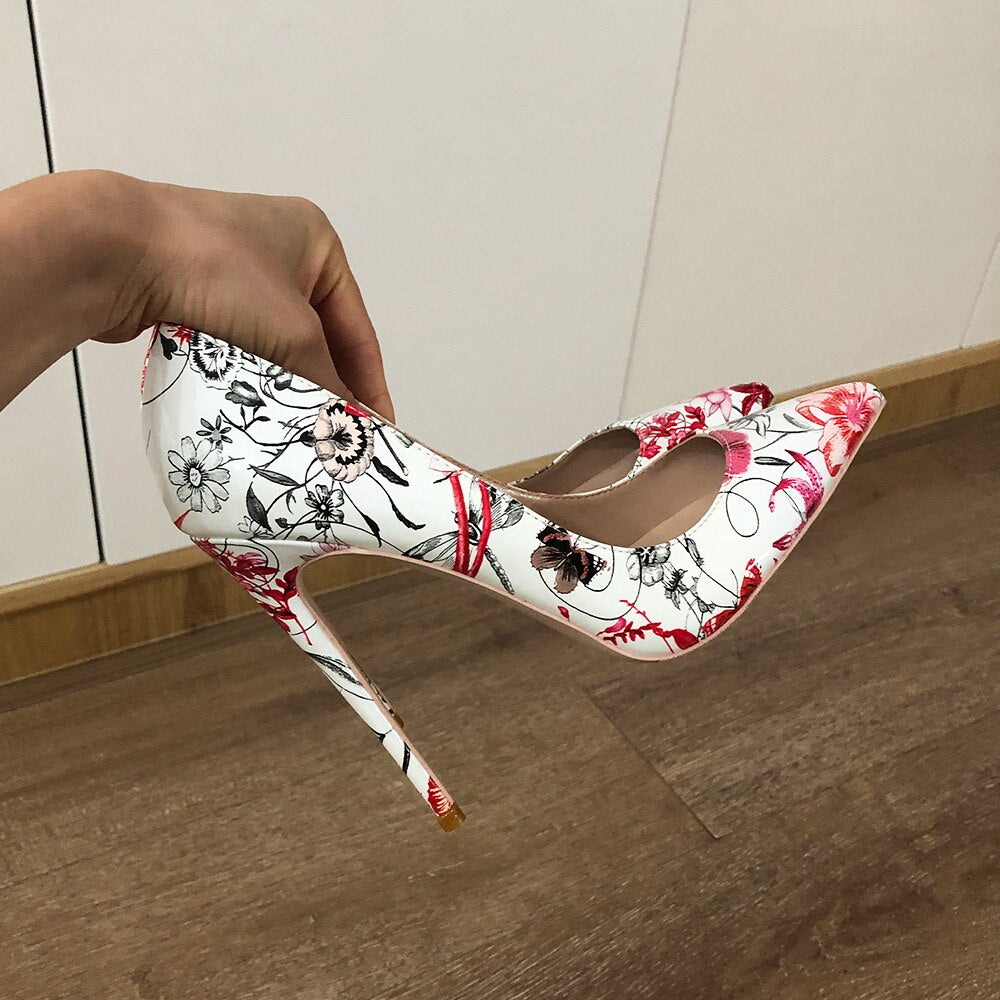 Veowalk Flowers Print Women Patent Leather Pointed Toe Stiletto Pumps 8cm 10cm 12cm High Heel Party Shoes US Size 10 11 12