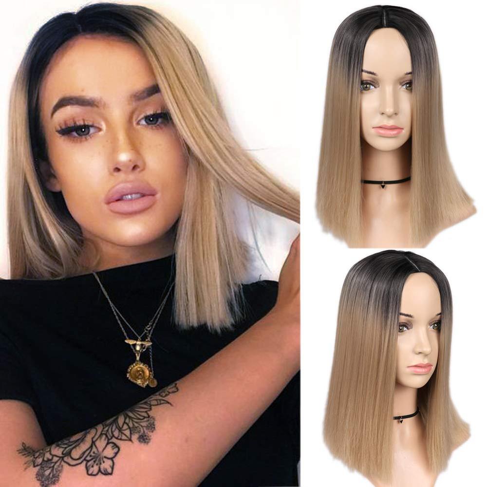FAVE Ombre Black Purple/Blonde/Grey/Flax Brown/ Straight Synthetic Wig Shoulder Length Middle Part Cosplay For Women's Daily Wig