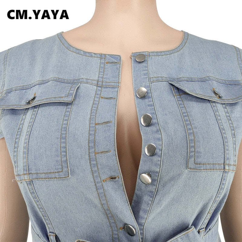CM.YAYA Plus Size XL-5XL Women Denim Jumpsuit Short Sleeve Sashes One Piece Overall Romper Loose Street Night Club Outfit 2021