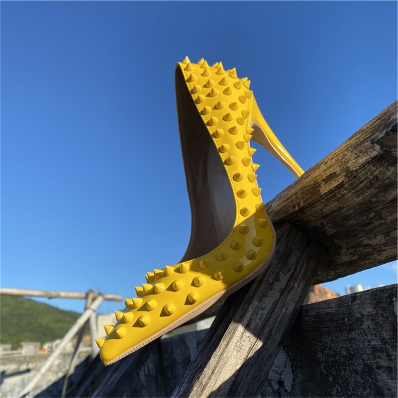 Heelgoo Yellow Women Sexy Spikes Pointy Toe High Heel Club Party Shoes Designer Classic Stiletto Pumps 8cm 10cm 12cm Customize