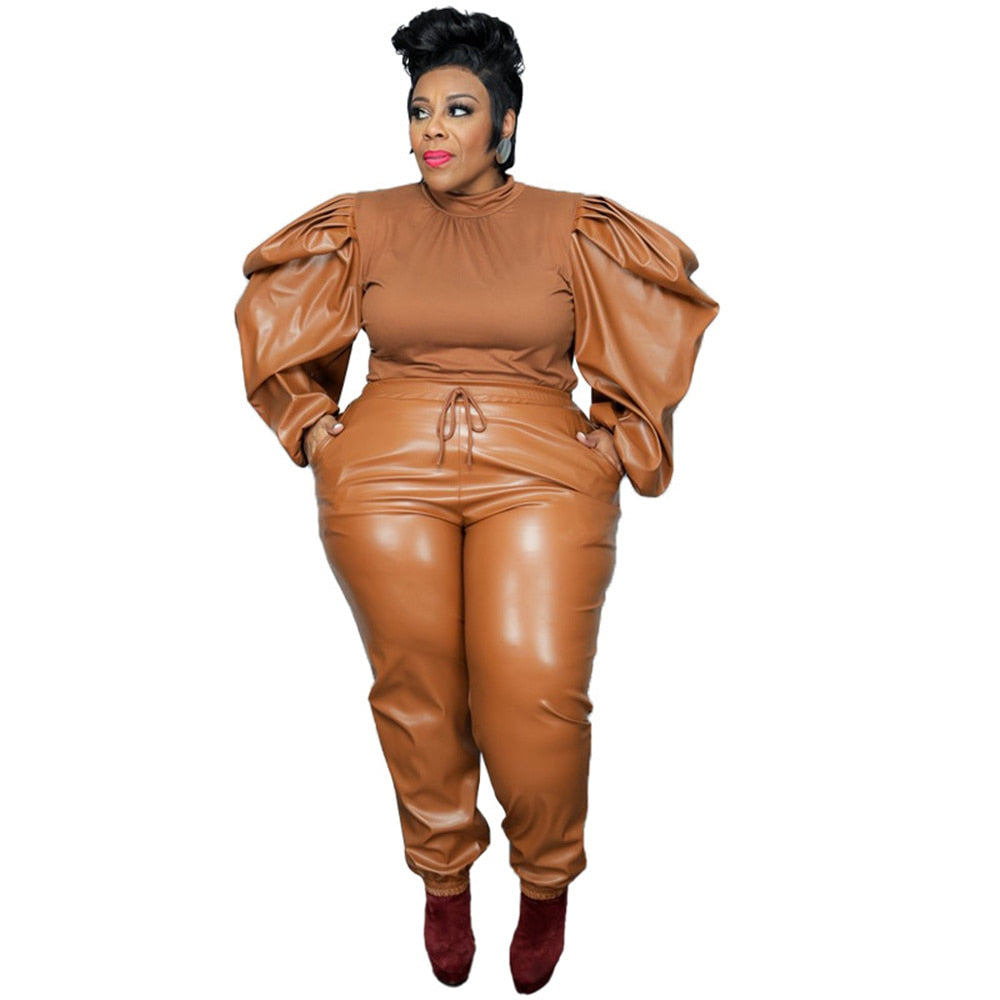 PU Women's Clothing Plus Size Sets Two Piece Outfits Puff Sleeve Patchwork Crop and Pants Streetwear 2022 Wholesale Dropshipping