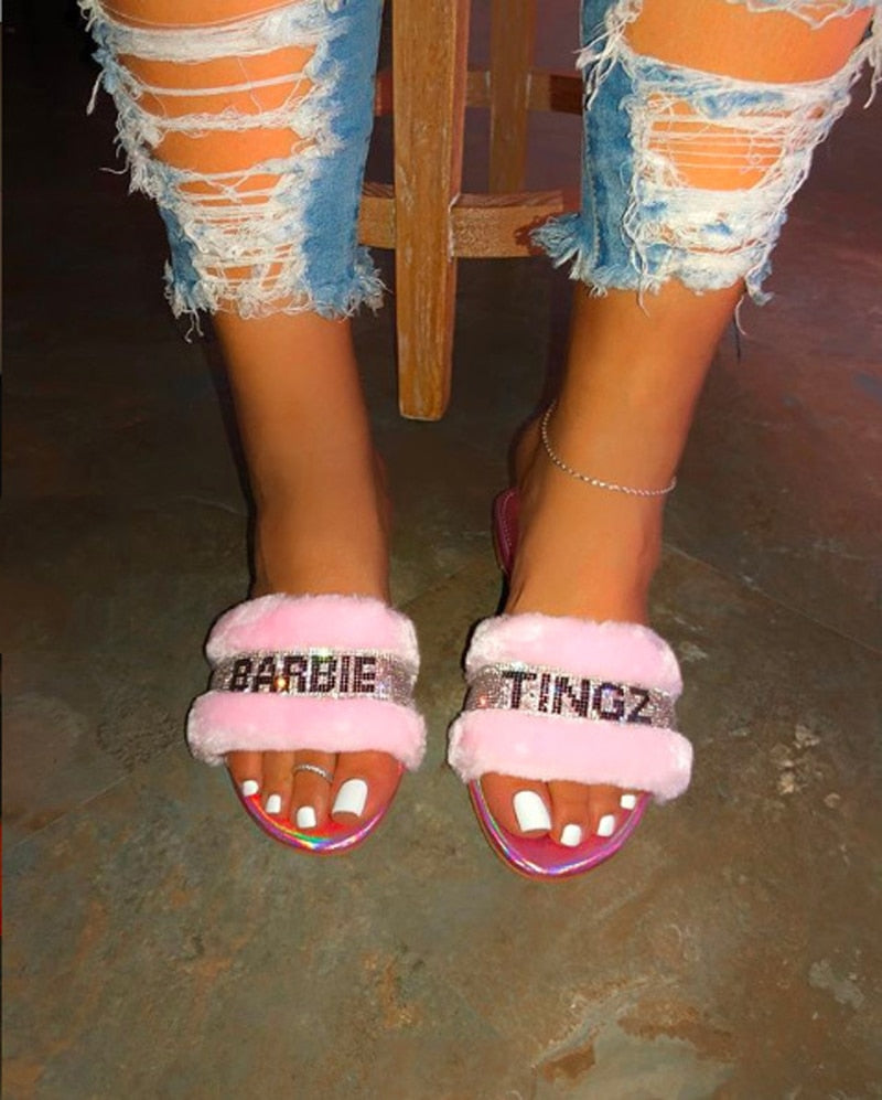 New 2022 Women Sandals Crystal Flat Heel Sandals fur Rhinestone Summer Shoes Women Flip Flops beach Sandals Size 35-43