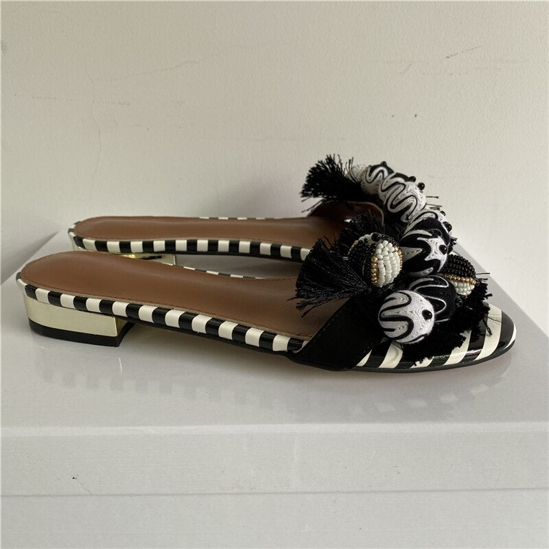 Wool Knitting Ball Tassels Sandals Women Ankle Wrap Striped Color Fringed Pompoms Stiletto Heel Suede Party Shoes Woman